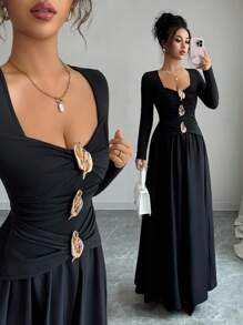 Elenzga 女士金属装饰甜心领长袖荷叶边优雅连衣裙 - 黑色 - 查看 1