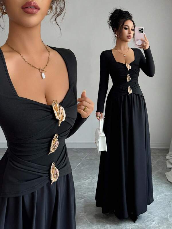 Elenzga فستان أنيق بياقة قلب وأكمام طويلة مزخرف بالمعدن