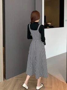 少女 2 件套：黑色千鸟格印花连衣裙和黑色高领修身 T 恤，优雅办公室套装千鸟格连衣裙中长连衣裙休闲连衣裙格子连衣裙格纹连衣裙长袖连衣裙 16 岁中长款女孩连衣裙长袖连衣裙长裙女孩 - 黑與白 - 查看 2