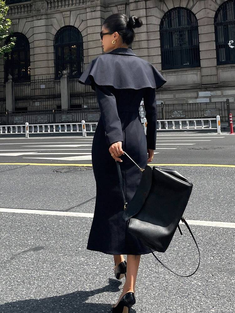 Women's Solid Color Double-Breasted Belted Midi Dress, Commuter Style