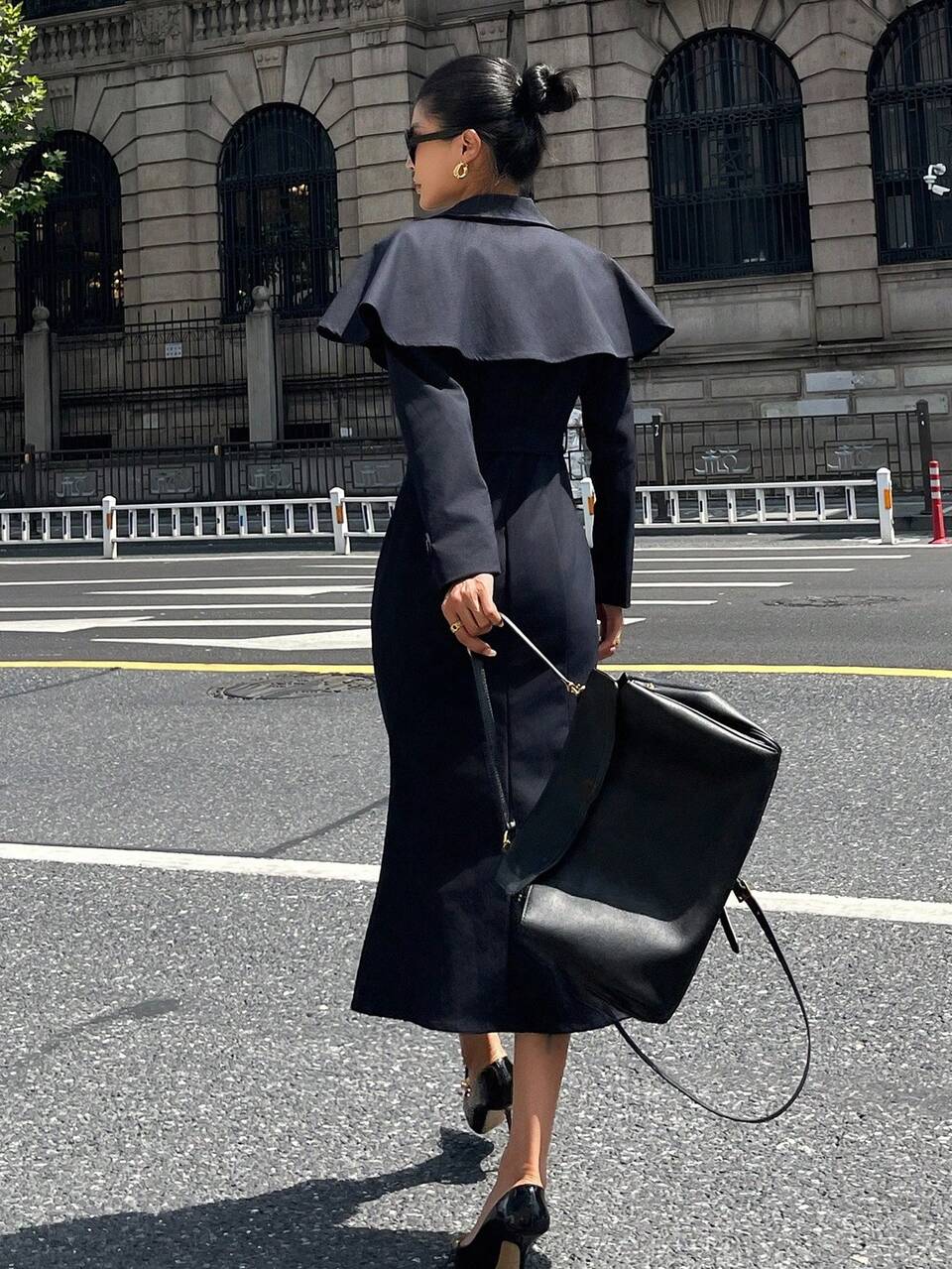 Women's Solid Color Double-Breasted Belted Midi Dress, Commuter Style