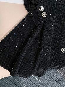 Franclia Long Sleeve Solid Color Black & Gold Lace Trim Dress, Elegant Style For Autumn/Winter - Black - View 7