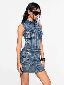 ROMWE Grunge Punk Y2K 复古水洗牛仔短款修身低腰迷你连衣裙 - 藍色 - 查看 6