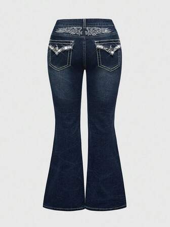 Grunge Punk Plus Size Women Low Waist Flared Casual Fashion Wing Embroidered Jeans