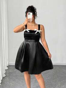 Elenzga Vestido de satén tejido con decoración de lazo para mujer de talla grande, estilo gótico femenino oscuro y preparatorio - Negro - Ver 8