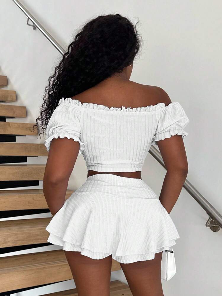 Alexandranx 海滩；夏季度假服装公主袖荷叶边假日白色两件套短套装 - 白色 - 查看 2