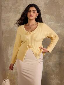 Flirla Plus Size Elegant Commuter Solid Color 3D Floral Decor Split Hem Sweater Fall Winter Cloth For Women Autumn - Yellow - View 3