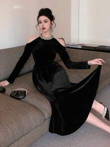 DAZY Váy dự tiệc thanh lịch khoét vai và đính đá, dáng dài vừa phải dành cho nữ, váy dạ hội mùa thu - màu đen - Xem 4