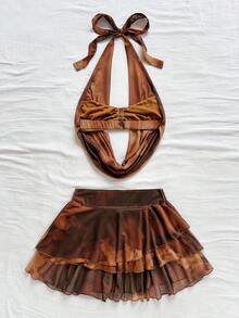 Soleia 女式日落渐变色低胸花卉金属扣装饰露背上衣和多层荷叶边下摆迷你裙 2 件套，休闲度假海滩巡航假日鸡尾酒会礼服，适合所有季节、音乐节、波西米亚度假 - 彩色 - 查看 2