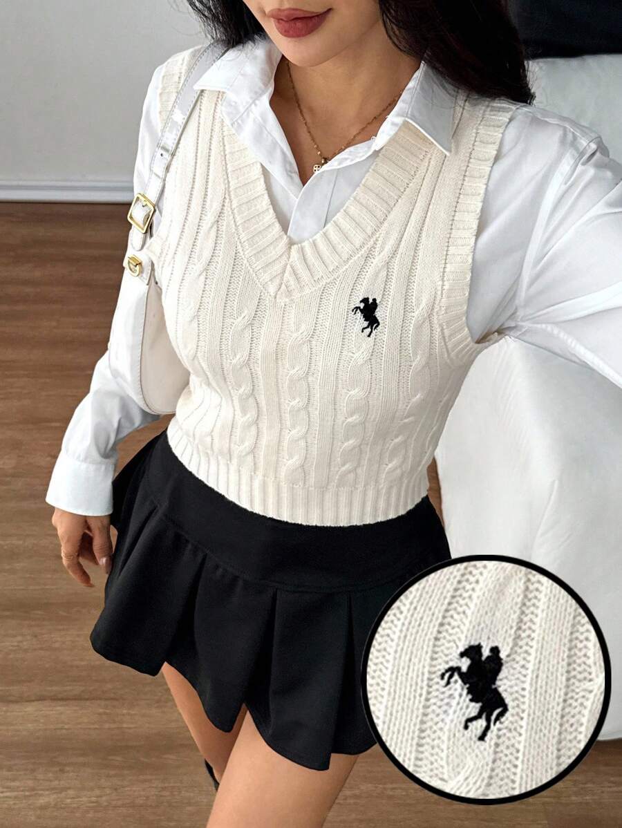 SHEIN PETITE Colete de malha feminino casual versátil com detalhes bordados