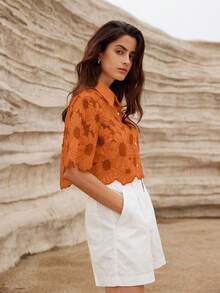 BELROSIE Women's Elegant Hollow Out Embroidered Daisy Random Vacation Shirt  All Over Print For Summer Spring Fall Autumn - Orange - View 4