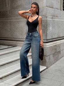 EURMUSE 女士阔腿低腰牛仔裤 - 中等水洗藍 - 查看 3