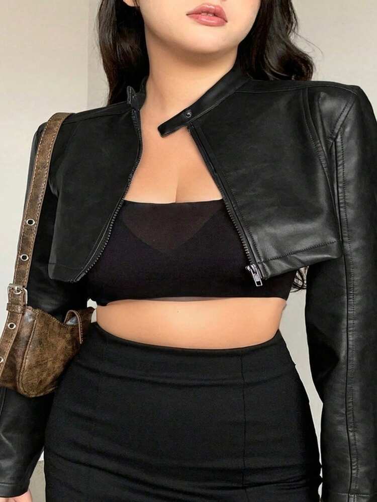 Dazy Plus Plus Size Women PU Leather Short Jacket, Motorcycle Street Style, Spring/Autumn