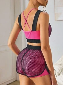 SHEIN Sports Women's Mesh Patchwork Contrast Color Knit Fabric Racerback Elastic Waist 2 In 1 Mesh Patchwork Shorts 2 Pieces Sportswear Casual Daily Running Suit Workout Sets - Multicolor - View 2