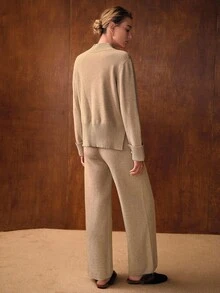 MOTF PREMIUM Conjunto de top con cuello split y pantalones con cordón en la cintura - Caqui - Ver 3