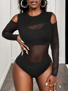 BamGleam 女士網格拼接露肩連體褲 - 黑色 - 查看 4