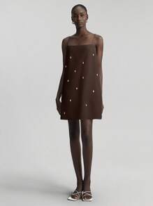 Ontre 2026春夏新款女士迷你连衣裙，斯德哥尔摩风格，教师装，春夏修身A字宽松连衣裙，梭织面料，宽松版型，珍珠装饰，休闲度假迷你连衣裙，吊带短裙，夏季女装，女士生日装，早午餐，女士派对连衣裙，下午茶，度假，婚礼宾客着装，时尚百搭流行女士迷你连衣裙 - 棕色 - 查看 4