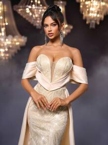 Glamrae Elegant Champagne Satin Strapless Formal Evening Dress, Luxury Dignified Pleated Waistline Bowknot High-Low Hem Train Wedding Gala Party Gown - Champagne - View 5