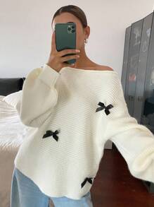 Livesso Suéter feminino com decoração de laço no ombro oblíquo de outono - Branco - Ver 1