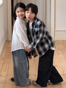 Genkimix Kids 2 件年轻男孩时尚格子衬衫 + 宽松工装口袋水洗牛仔裤套装，休闲时尚，春秋 - 黑色 - 查看 6