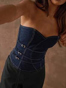 SHEIN BAE Damtopp med spänne och figurnära design i denim - Mörktvätt - Visa 1