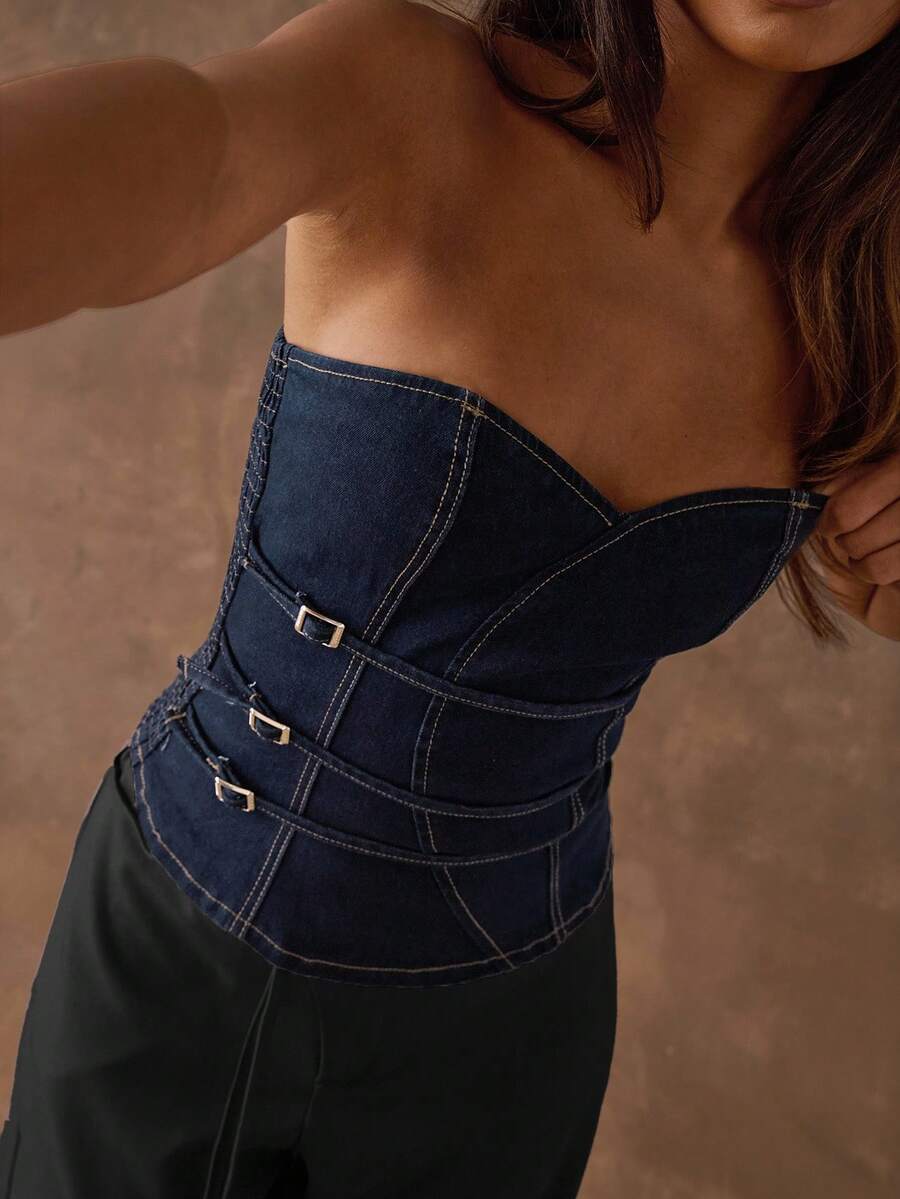 SHEIN BAE Damtopp med spänne och figurnära design i denim - Mörktvätt - Visa 1