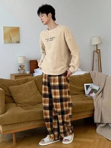 DAZY 男士字母刺绣抓绒卫衣和格子裤家居服套装，秋冬季，蓬松舒适睡衣