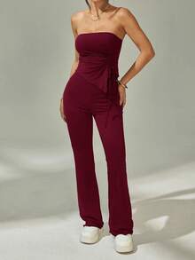 SHEIN PETITE 2 件套：褶饰抹胸上衣，不对称下摆，喇叭裤 - 酒紅色 - 查看 6