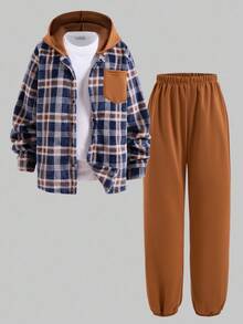 SHEIN 2pcs/Set Teenage Boy Plaid Long Sleeve Hoodie Jacket And Pants Casual Loose Outfit, Autumn/Winter Fall - Coffee Brown - View 8
