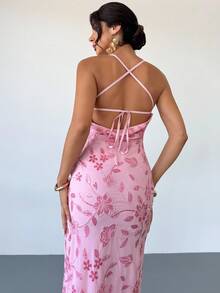 Firerie 女士优雅性感花卉亮片露背交叉肩带长裙，适合度假、约会、派对、毕业典礼、舞会 - 粉色 - 粉色 - 查看 3