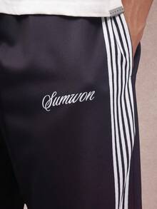 SUMWON Men Wide Leg Track Pants Side Stripe Print Casual Bottoms Drawstring Waist Soft Comfortable Streetwear Relaxed Loungewear Versatile Fall Winter - Black - View 5