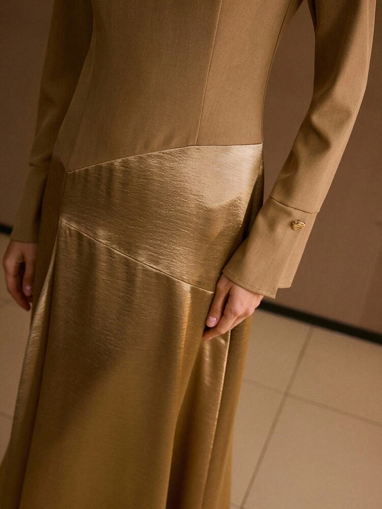 MIXED MEDIA ASYMMETRICAL HEM HALF BUTTON PLACKET DRESS