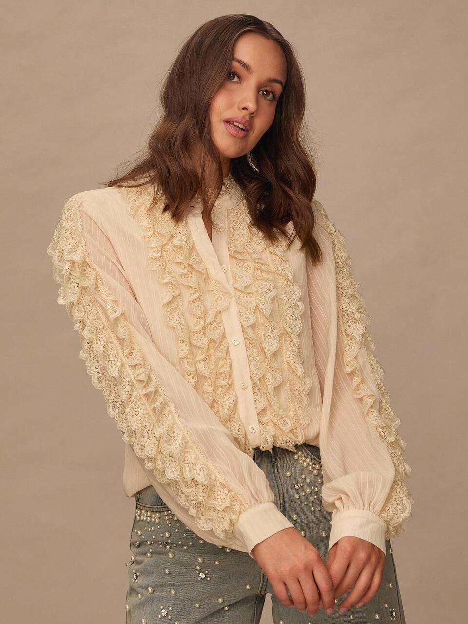 Enchnt Women's Elegant Apricot Long-Sleeved Blouse With Lace Trim And Buttons,Sweet Summer Top For Tea Party,Vacation,Date And Wedding Guest Wear