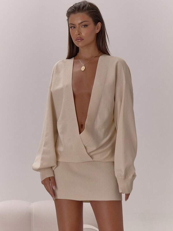 MUSERA Vestido de suéter con cuello de canalé de escote profundo, manga larga y espalda descubierta, elegante y sexy para ocasiones nocturnas, vacaciones, otoño, invierno, fiestas de otoño, fiestas de noche y Navidad