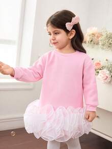 Babyflicka Söt Avslappnad Stickad Patchwork Organza Långärmad Klänning - Rosa - Visa 4