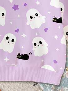 SHEIN Baby Girl Casual Cute Cartoon Halloween Ghost Print Purple Crew Neck Sweatshirt, Autumn/Winter, For Halloween Party Fall - Multicolor - View 3