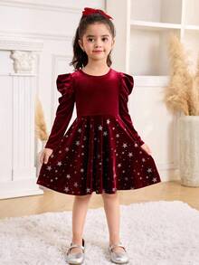 Vestido Elegante de Veludo com Manga Gigot para Meninas Jovens, Vestido de Natal para Meninas com Gola Redonda, Bainha Franzida com Estampa Metalizada de Estrela de Cinco Pontas, Bordô - Vinho - Visão 5