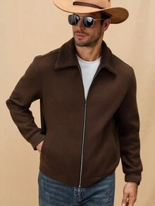 Manfinity Homme 男士复古纯色羊毛混纺夹克，秋冬 - 咖啡棕 - 查看 4