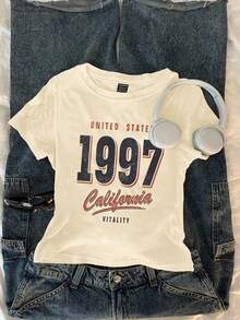 Attitoon 休闲圆领复古 1997 图案短袖修身女式 T 恤，适合夏季 - 杏色 - 查看 7