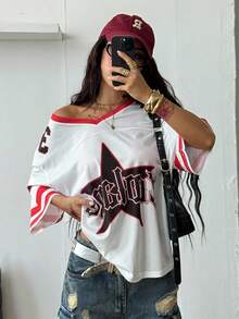 Coolane 女式秋夏街头情侣同款哥特休闲V领落肩字母印花宽松休闲运动针织T恤 - 彩色 - 查看 6