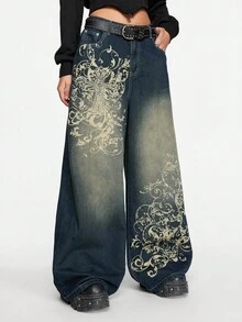 ROMWE Grunge Punk Relaxed Fit Grunge Vintage Oversized Cross & Vine Print Women Low Waist Jeans