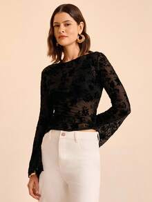 CAJUNI Women's Casual Mesh Flocked Floral Pattern Blouse Autumn Outfits For Women Elegant Women's Blouses Casual Blouses For Women