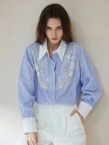 Aveloria Modichic 条纹宽松休闲钉珠拼接长袖优雅女士衬衫 - 彩色 - 查看 2