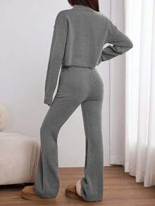 EURMUSE Women's Casual Daily Simple Solid Color High Neck Loose Sweater And Flared Sweater Pants 2 Pieces Set, Autumn/Winter - Light Grey - View 3