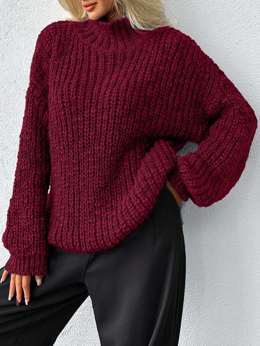 EURMUSE 女士厚纱高领休闲风格常规版型冬季保暖毛衣 - 酒紅色 - 查看 1