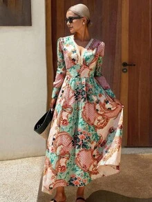 DAZY Women's Floral Bohemian Vacation Style Waist Cinched V-Neck Dress With Puff Sleeves, Spring/Summer Maxi Dress Boho - Multicolor - View 3