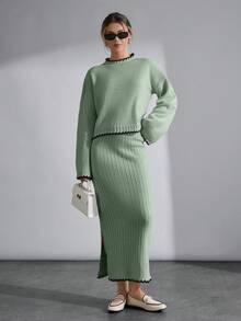 EURMUSE Conjunto de saia e suéter com detalhe de ponto preto em malha - Menta verde - Ver 1