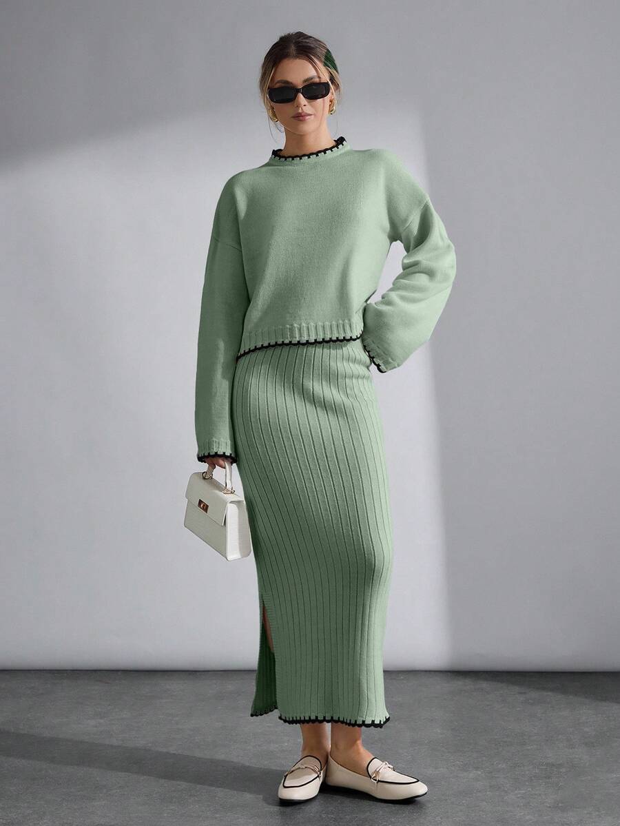 EURMUSE Conjunto de saia e suéter com detalhe de ponto preto em malha - Menta verde - Ver 1