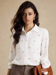 Briarwyn 女士秋季四季服装复古风格休闲通勤牛油果印花长袖衬衫、返校装、办公室装 - 白色 - 查看 4