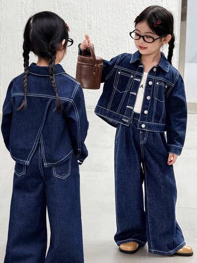 SHEIN 2pcs/Set Young Girl Navy Blue Denim Lapel Long Sleeve Short Jacket And Loose Pants, Autumn And Winter Clothes For Girl, Korean Style, Girls Denim Suit, Young Girls Denim Sets Fall